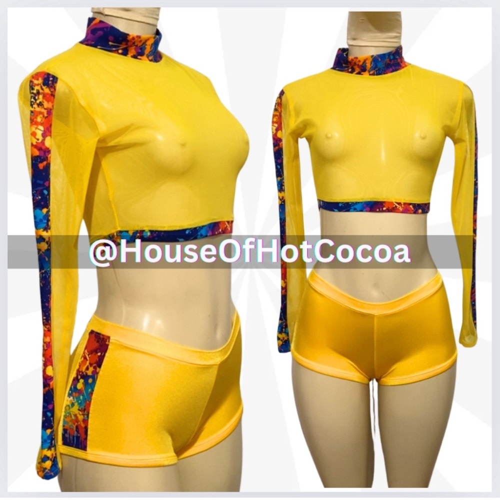 ONLY 1 MADE - 2 Piece Shorts Set / Sheer mock neck long sleeve top